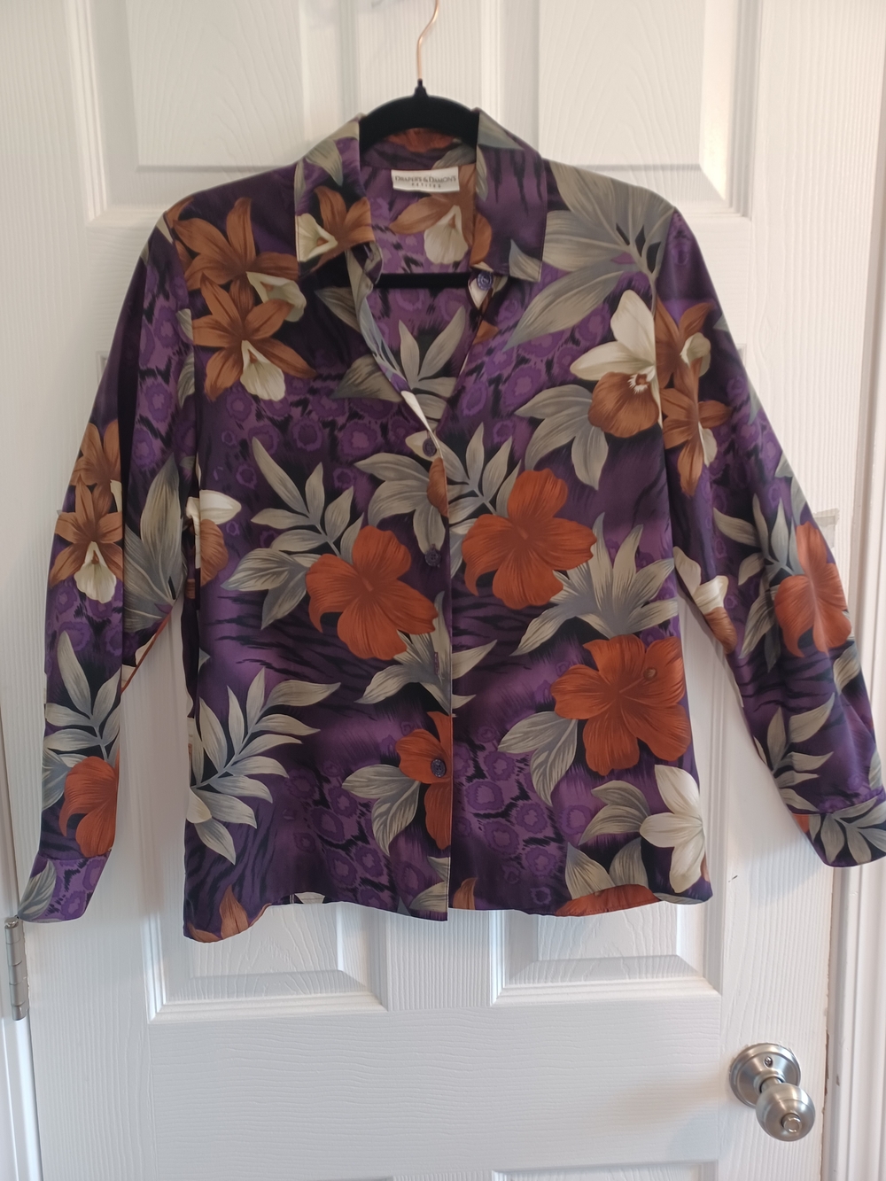 Silky Floral Button-Front Blouse - Purple & Orange Tropical Petite Large Office